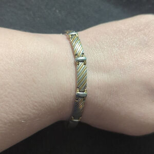 Gold and Silver Tone Pattern Texture Stainless Tennis Style Statement Bracelet